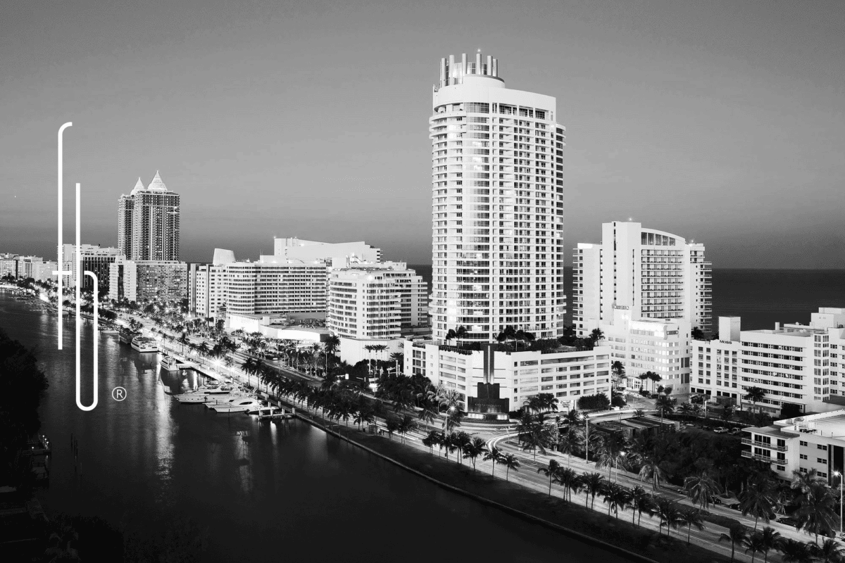 Black and White photo of Fontainebleau Miami Beach hotel at dawn